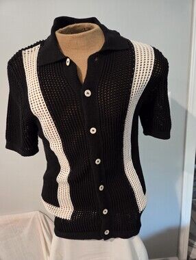 Massive Luxury Edition Open Knit Button Front Sweater Shirt Black White Small